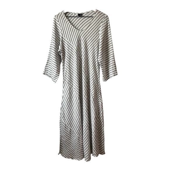 Lisa Bayne Large Dress Gray White Stripe Linen Pullover Minimilist Lagenlook - Picture 1 of 10